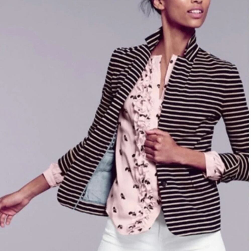 J. Crew Maritime Cotton Blend Black/Tan Striped Knit Blazer • Size M